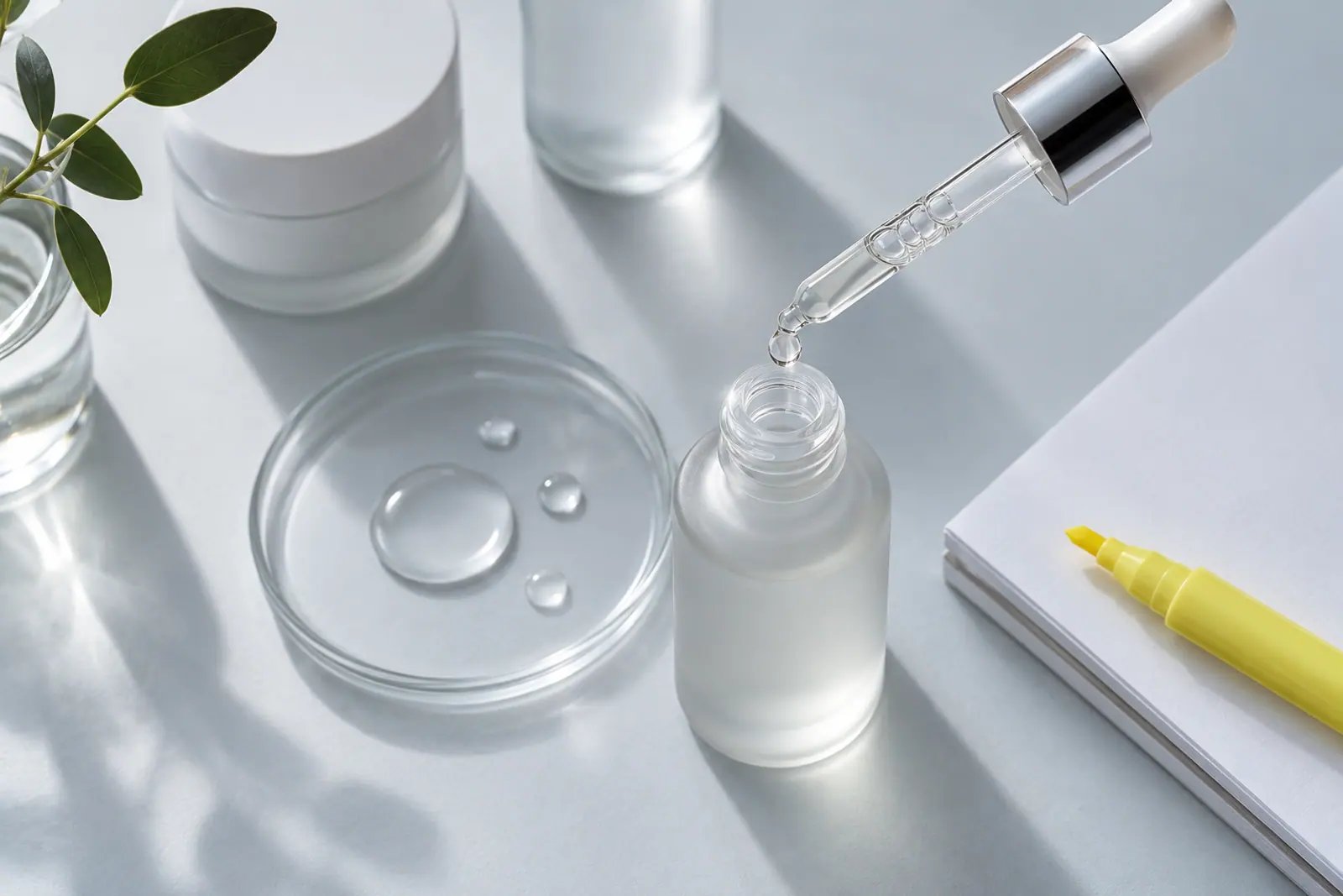 Pipeta z kroplą przezroczystego serum nad matowym szkłem